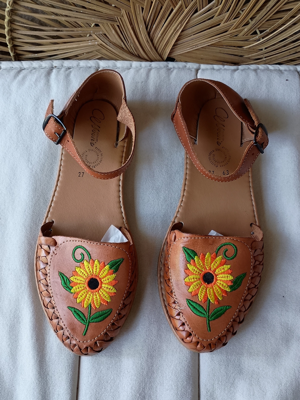 Cemoons Women's Brown Leather Sandals with Yellow Sunflower Embroidery_10 - Picture 2 of 9